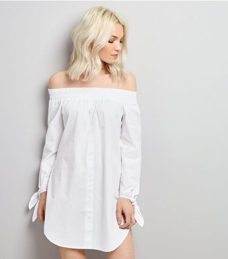 Petite White Shirred Bardot Neck Shirt Dress | New Look
