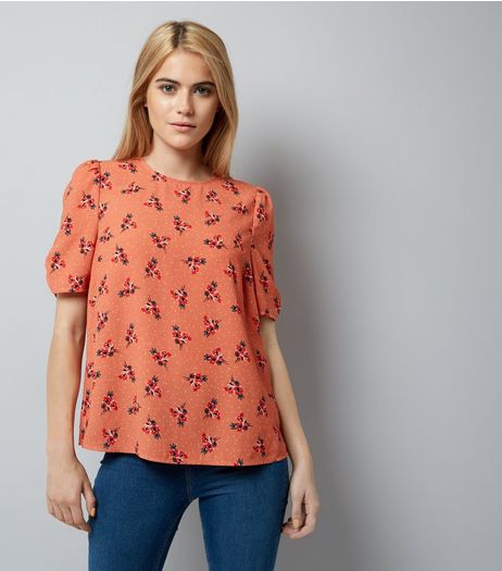 Orange Floral Print Puff Sleeve Top | New Look
