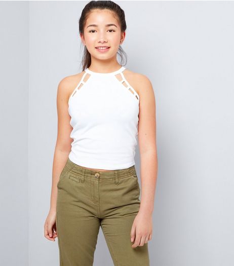 Teens White High Neck Cut Out Cami | New Look
