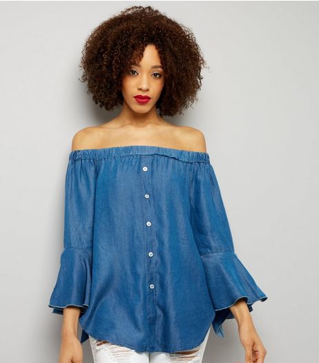 Cameo Rose Blue Denim Bardot Neck Bell Sleeve Top | New Look