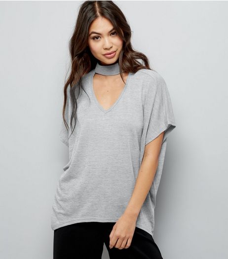Blue Vanilla Dark Grey Choker Neck Oversized T-Shirt | New Look