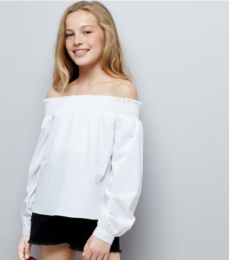 Teens White Long Sleeve Bardot Neck Top | New Look