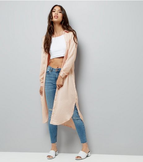 Blue Vanilla Shell Pink Floral Embroidered Satin Longline Shirt | New Look