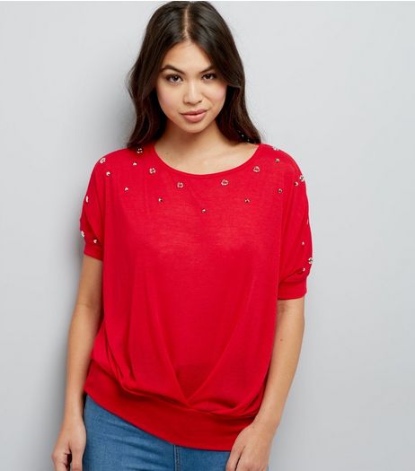 Blue Vanilla Red Eyelet Trim Chiffon Back Top | New Look