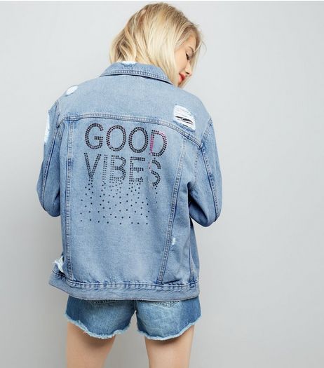 Blue Good Vibes Sequin Denim Jacket | New Look