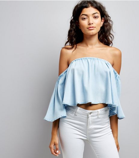 Blue Cropped Bardot Neck Top | New Look
