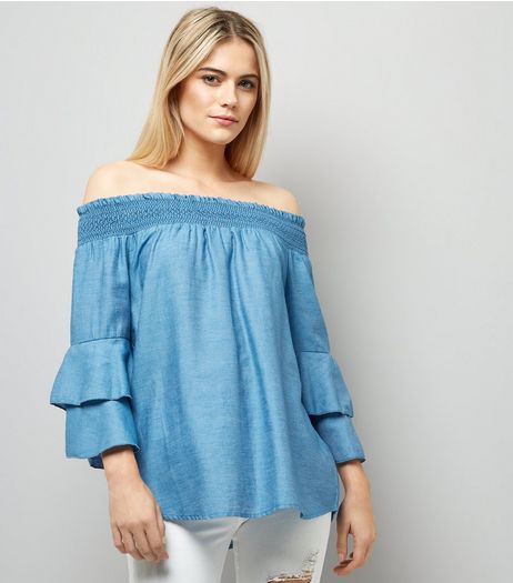 Blue Vanilla Blue Bardot Neck Frill Trim Top | New Look