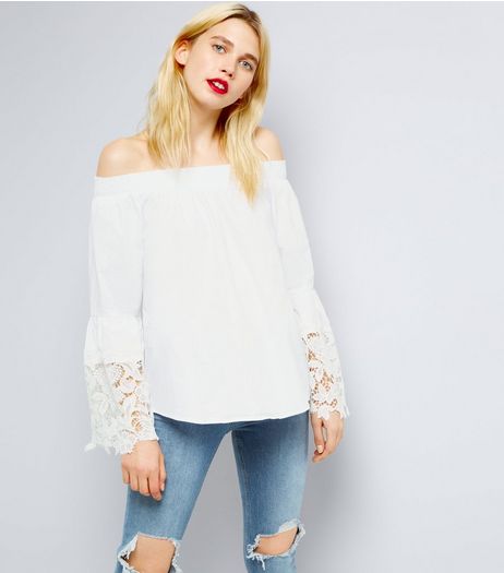 Blue Vanilla White Crochet Sleeve Bardot Top | New Look