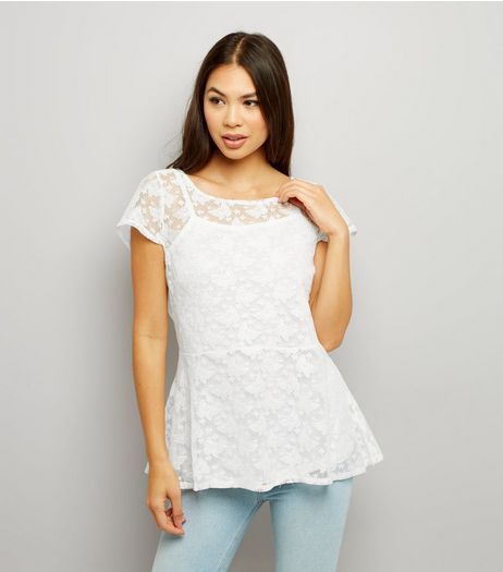 Blue Vanilla White Butterfly Lace Peplum Hem Top | New Look