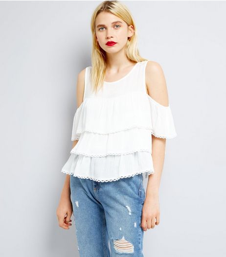 Blue Vanilla White Cold Shoulder Frill Tier Top | New Look