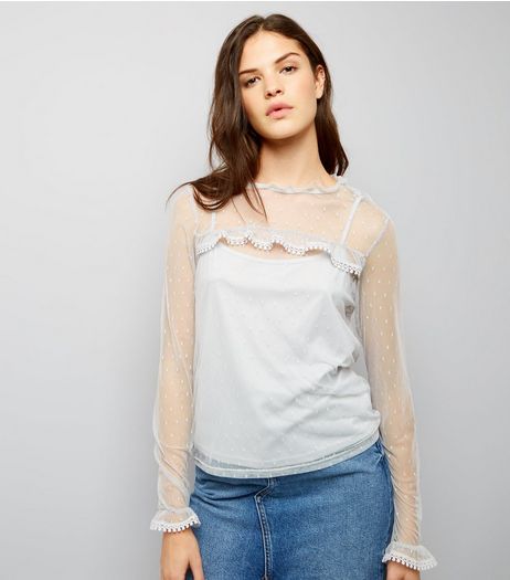 Blue Vanilla Grey Frill Trim Sheer Panel Top | New Look