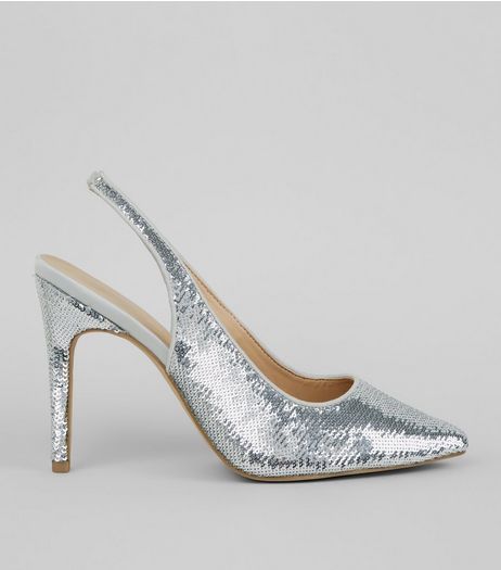 Wide Fit Silver Sequin Sling Back Heels | New Look