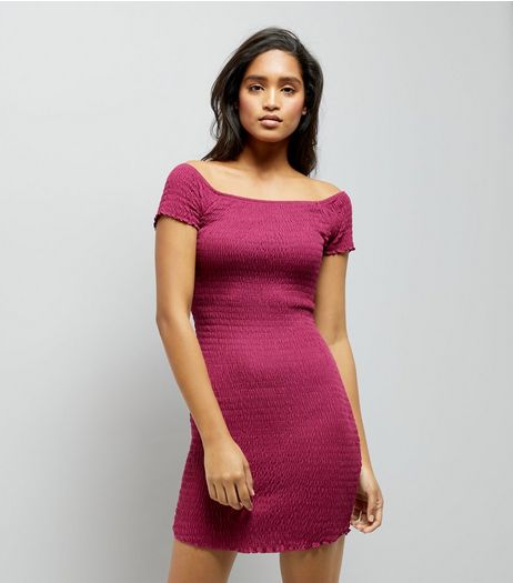 Deep Pink Shirred Bodycon Bardot Neck Dress | New Look