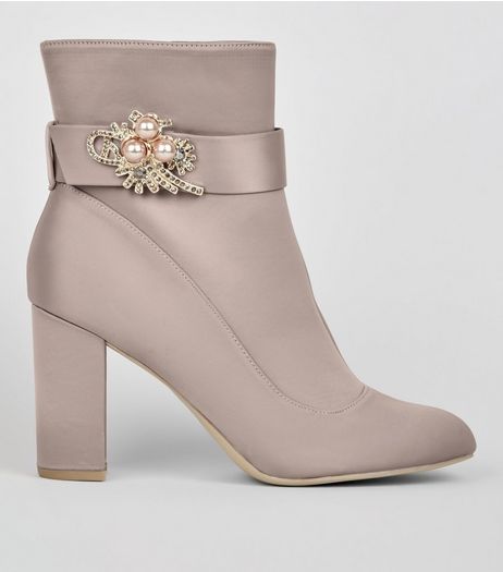 Wide Fit Grey Satin Embellished Ankle Boots | New Look