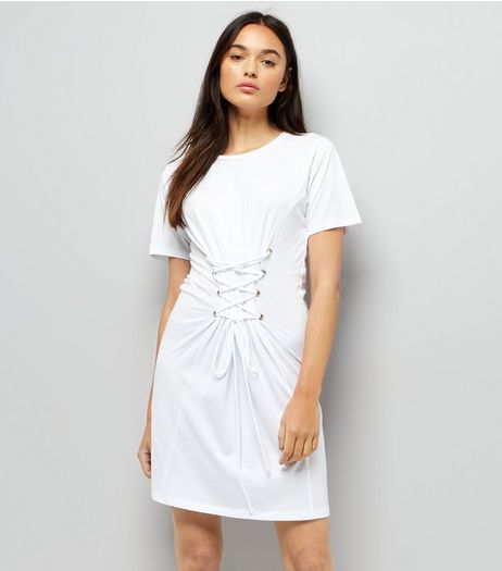 White Corset Lace Up T-Shirt Dress | New Look
