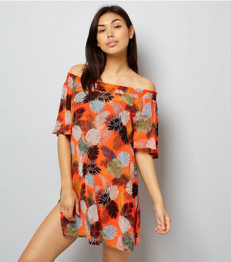 Orange Tropical Print Bardot Neck Beach Dress | New Look