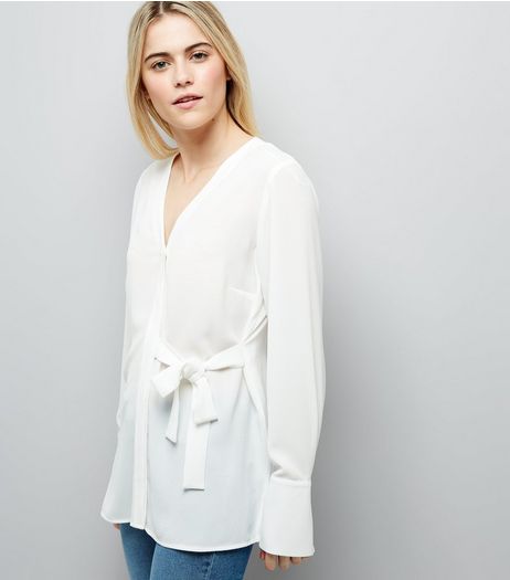 White V Neck Tie Side Shirt | New Look