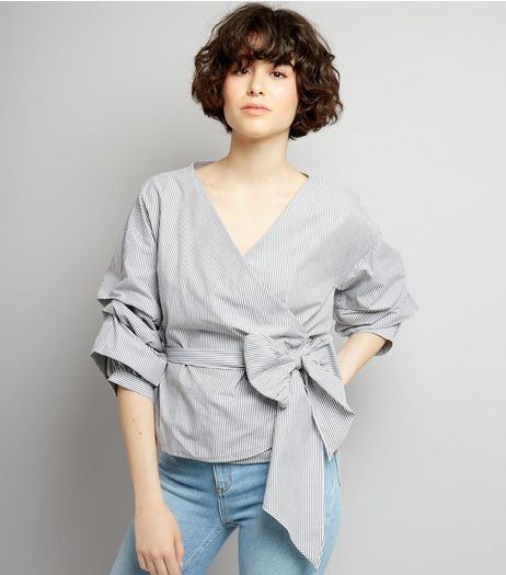 Grey Stripe Ruched Sleeve Wrap Front Top | New Look