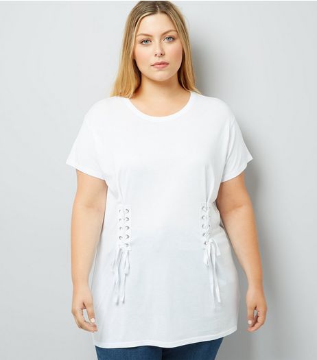 Curves White Lace Up T-Shirt | New Look