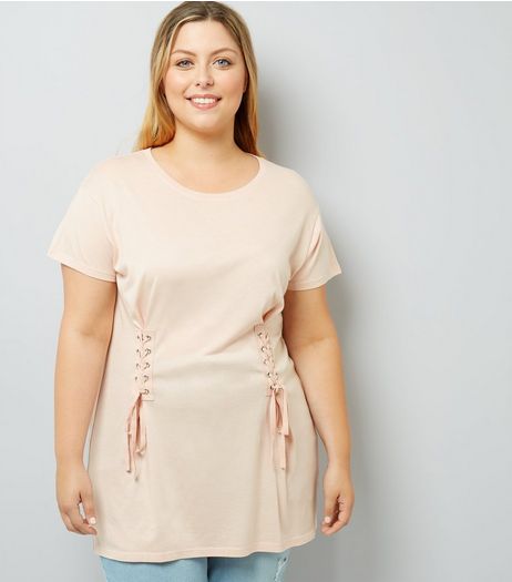 Curves Shell Pink Lace Up T-Shirt | New Look