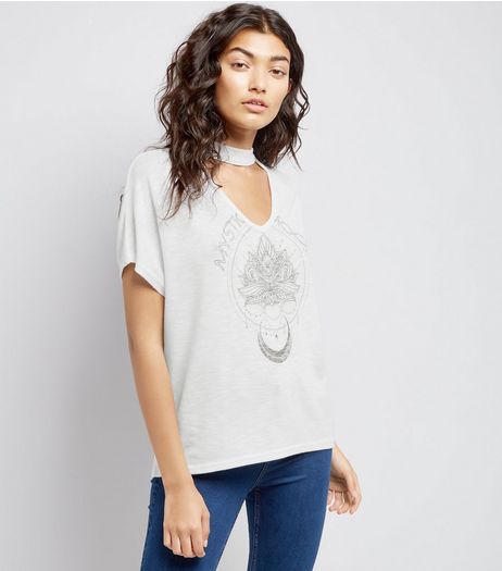 White Stud Detail Mystic Moon Choker Neck T-Shirt | New Look