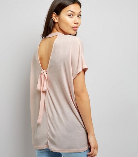 Shell Pink Choker Neck Tie Back T-Shirt | New Look