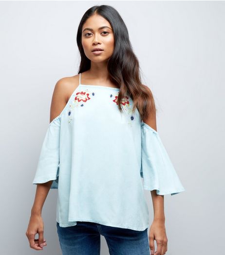 Petite Blue Embroidered Cold Shoulder Top | New Look