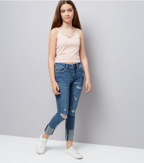 Teens Blue Turned Up Hem Ripped Skinny Jeans | New Look