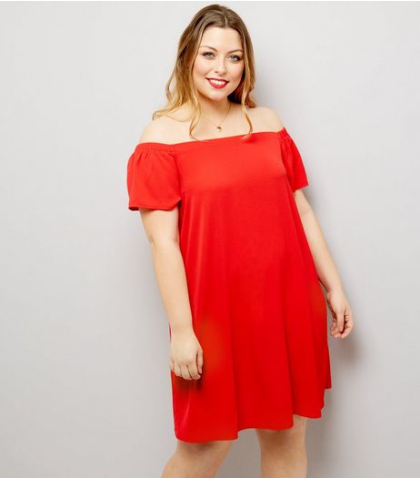 Curves Red Bardot Dress | New Look
