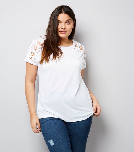 Curves White Lattice Shoulder T-Shirt | New Look