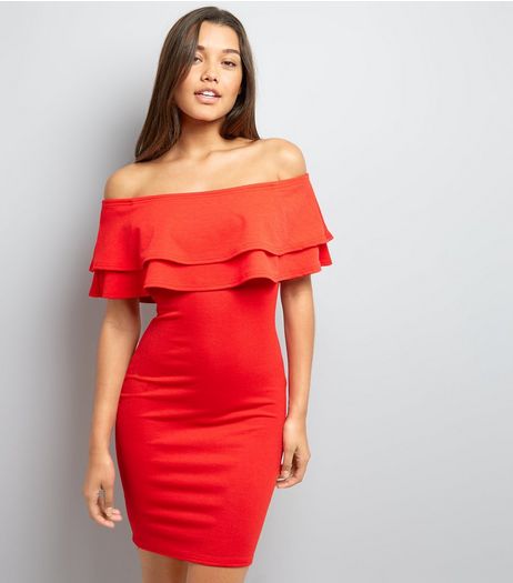 Tall Red Frill Trim Bardot Bodycon Dress | New Look