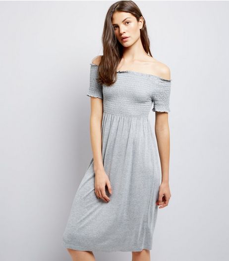 Tall Grey Shirred Bardot Neck Midi Dress | New Look