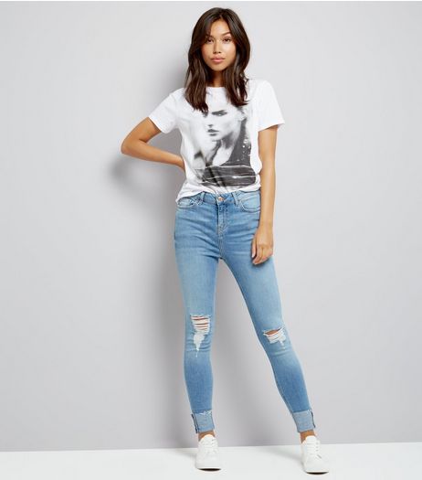 Tall Blue Ripped Turn Up Hem Skinny Jeans | New Look