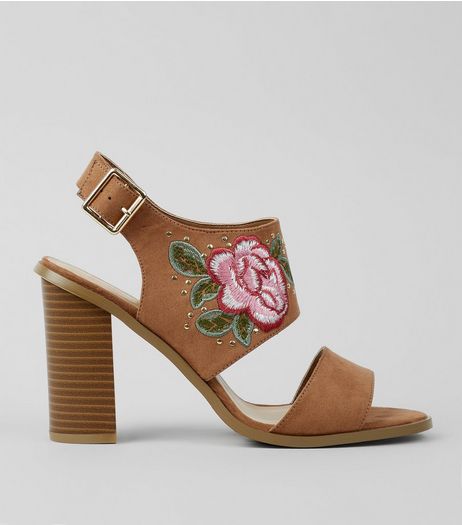 Wide Fit Tan Floral Embroidered Heeled Sandals | New Look