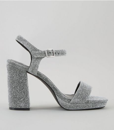 Wide Fit Silver Glitter Heeled Sandals | New Look