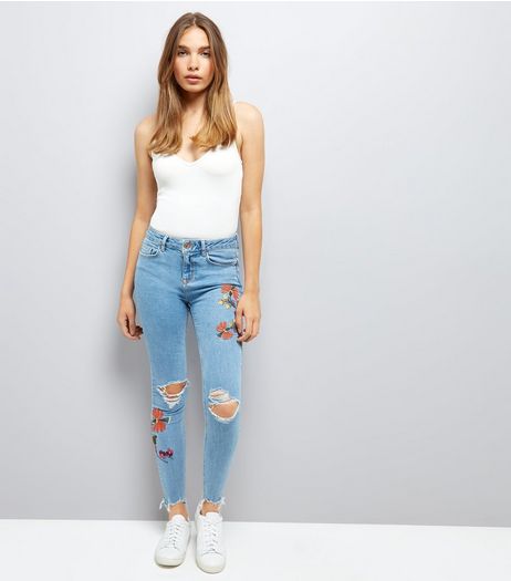Blue Ripped Floral Embroidered Skinny Jenna Jeans | New Look