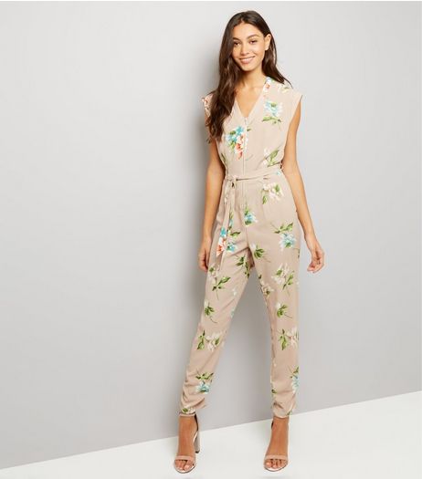 Cameo Rose Stone Floral Print Zip Front Jumpsuit | New Look