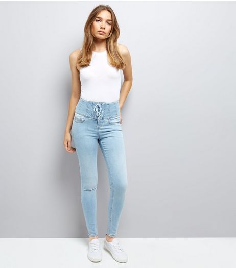 Blue Eyelet Lace Up High Waist Skinny Jeans | New Look