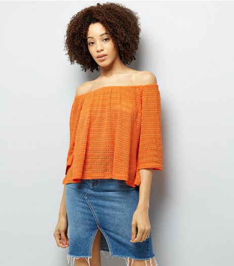 Bright Orange Bardot Neck 3/4 Sleeve Top | New Look