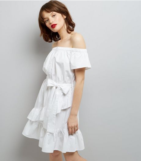 White Tie Waist Frill Hem Bardot Dress | New Look