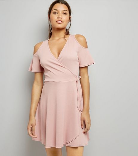 Pink Ribbed Cold Shoulder Wrap Dress | New Look