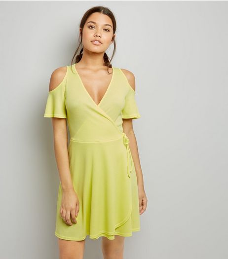 Soft Yellow Cold Shoulder Wrap Front Dress | New Look