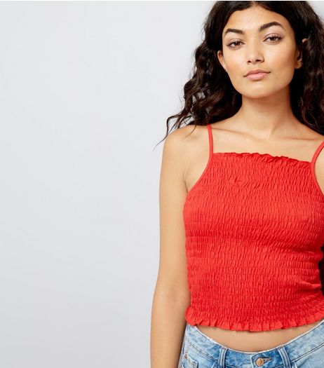 Red Shirred Crop Cami Top | New Look