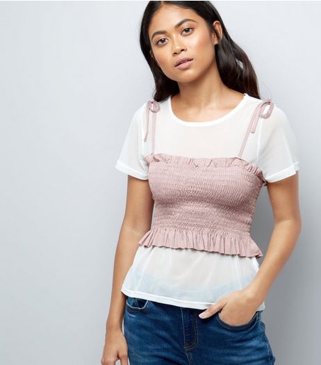 Petite White 2 in 1 Mesh Shirred Top | New Look