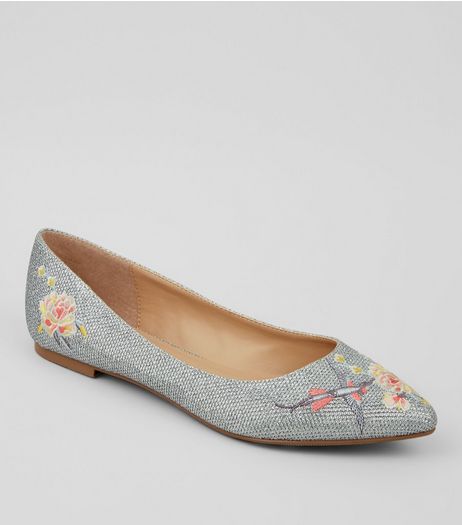 Silver Floral Embroidered Glitter Pumps | New Look