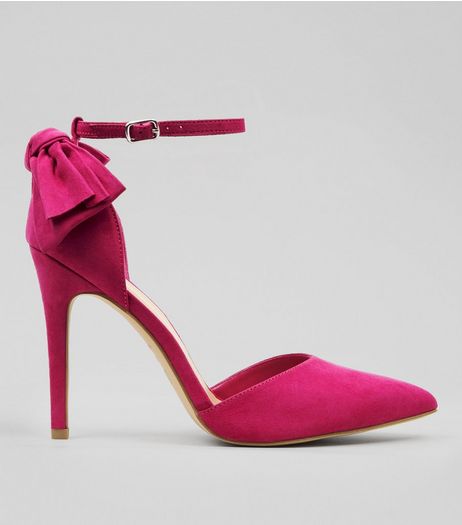 Wide Fit Pink Suedette Bow Back Pointed Heels | New Look