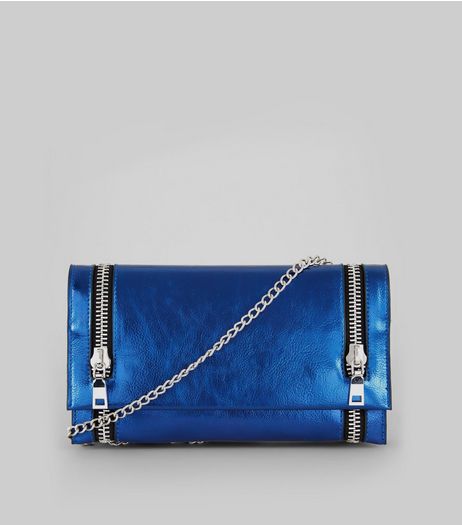 Metallic Blue Double Zip Foldover Clutch | New Look