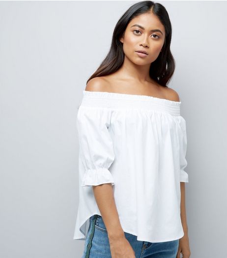 Petite White Shirred Bardot Neck Top | New Look