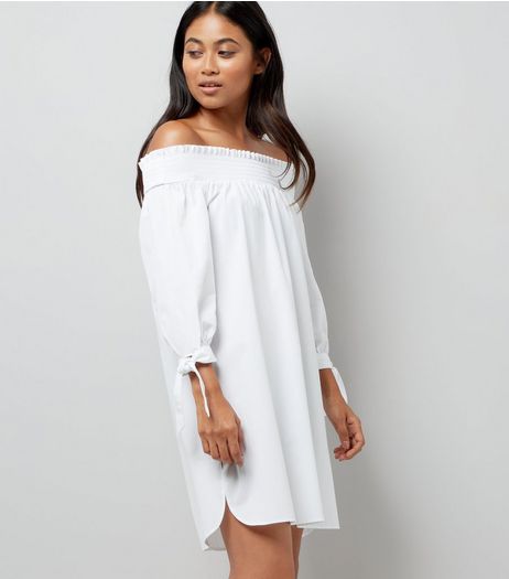 Petite White Tie Sleeve Shirred Bardot Neck Dress | New Look