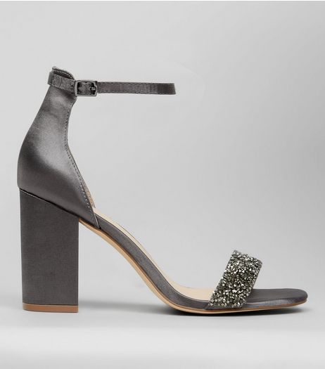 Grey Suedette Crystal Embellished Block Heels | New Look